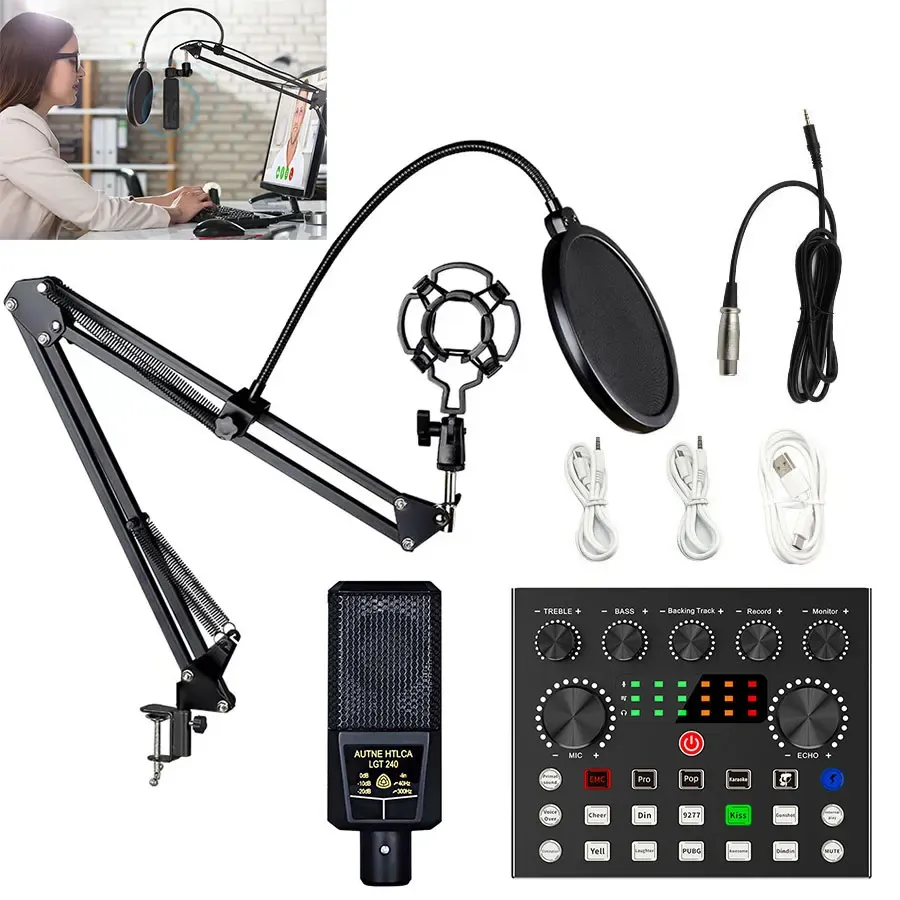 Microphones Professional Podcast Music Studio Recording Karaoke Condenser Microphone Game Live Broadcast KTV Sound Audio Card Kit for Stream