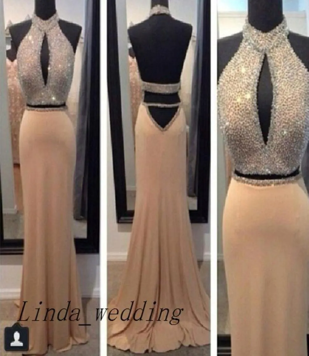 Sparkly Prom Dress New Arrival 2 Two Piece High Neck Beaded Long Backless Prom Gown Evening Stunning Vestidos De Fiesta4308297