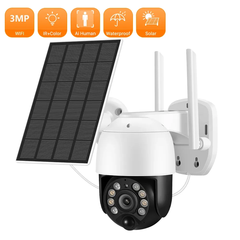 카메라 anbiux 3MP 태양 전 WiFi 카메라 실외 PIR 모션 감지 충전 배터리 카메라 Twoway 오디오 CCTV 카메라 비디오 감시