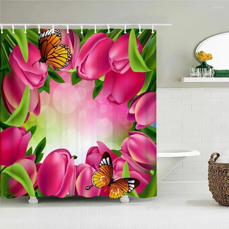 Tende per doccia colorate tulipano farfalla fiori tende per bagno floreale in tessuto polieeste decorazioni vano da bagno grande 300x180