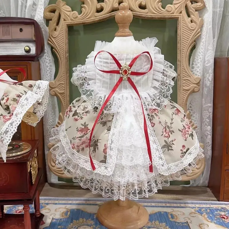 Hundekleidung Koreanische Mode Lolita Haustier Kleidung Blume Druck Baumwolle Spitzenbogenparty Prinzessin Kleid für kleine mittelgroße handgefertigte Welpenmantel