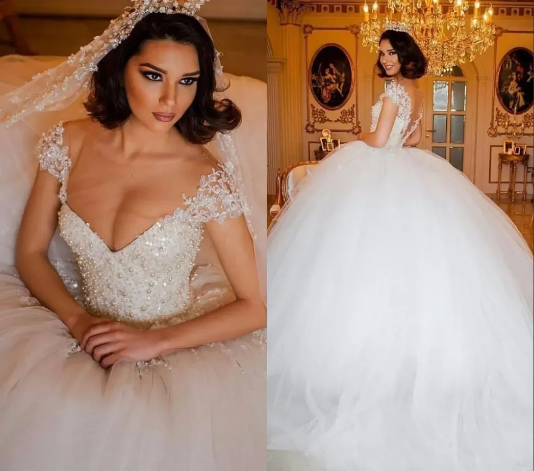 Abiti abiti da spalla arabo in pizzo di lusso illusione illuso a collo per perle maniche per perline maniche da sposa Dubai da sposa Dubai Princess Puffy Des