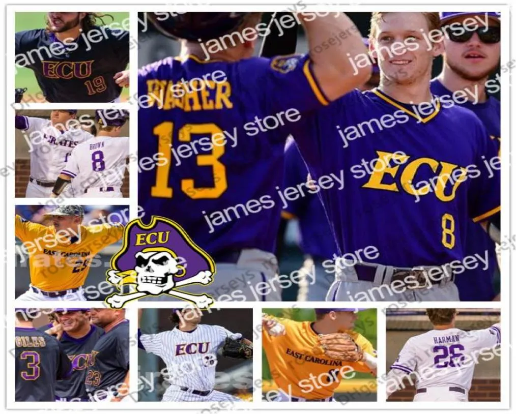 Бейсбол в колледже носит Custom East Carolina Pirates 2019 ECU Baseball Любое название фиолетовое бело -черное желтое 13 Джейк Шайтир 8 T9349701