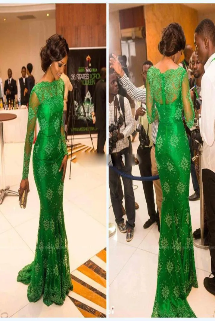 2018 أحدث فستان سهرة طويل من الأكمام الطويلة مع Bateau Emerald Green Prom Dresses Mermaid Celebrity Evening Vrons8635790