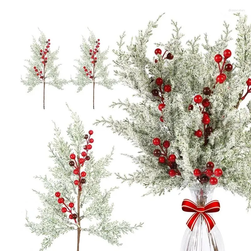 Fiori decorativi 6 pezzi kit natalizio bacche rosse steli rami di pino con neve 19 pollici cedro glassato spruzzati artificiale albero artificiale