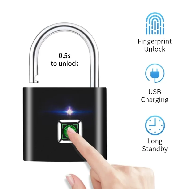 Kontrollelektriskt fingeravtryckslås 1s Lås upp 10 Fingeravtryck Antitheft Lock Zinc Eloy Safety Protection Smart Biometric Door Padlock USB