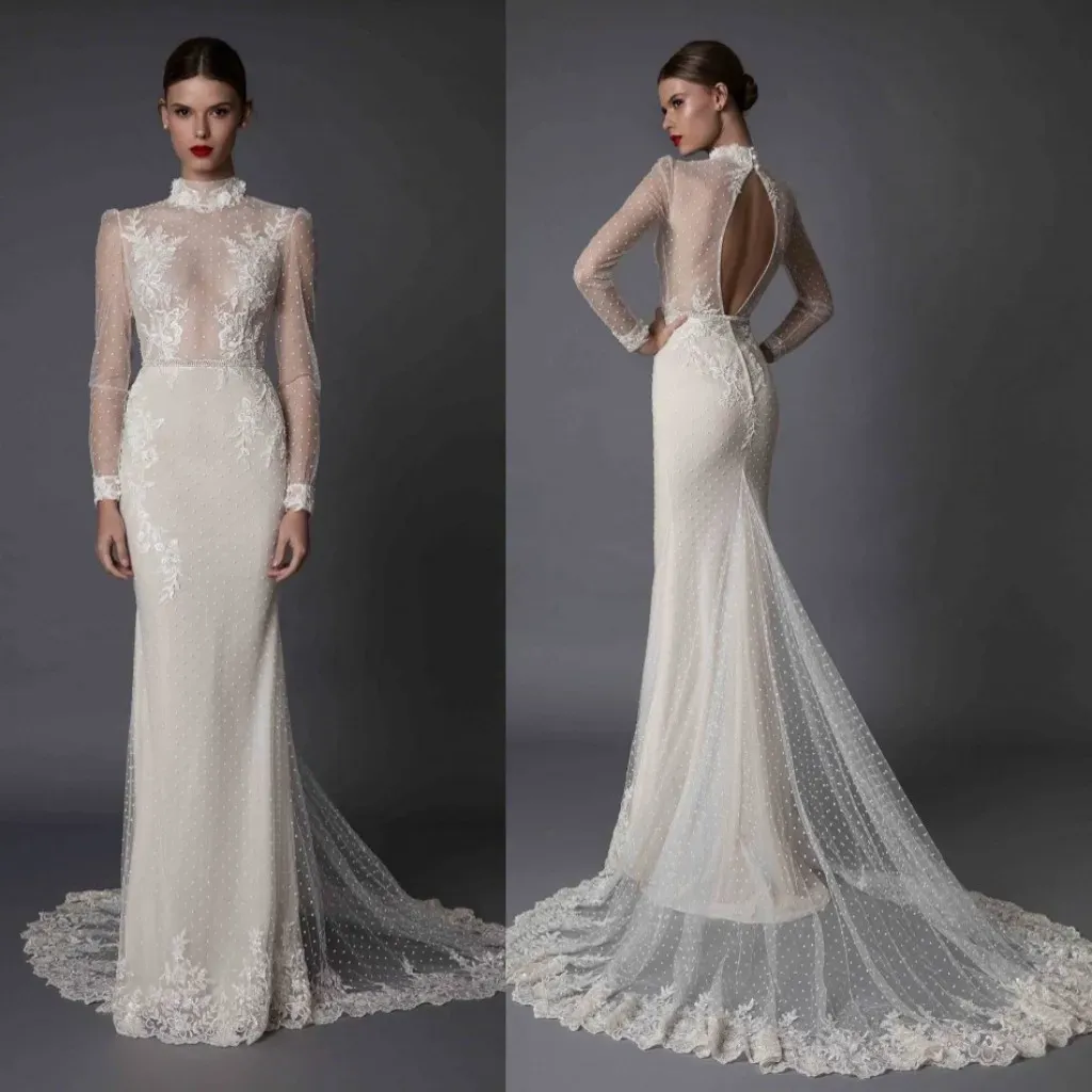 Dresses Berta Mermaid Long Sleeve Wedding Dresses Lace Applique High Neck Beads Hollow Back Sexy Illusion Fishtail 2020 Bridal Gowns