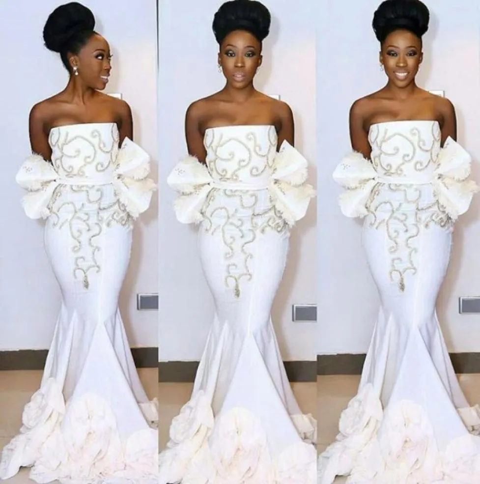 Élégant blanc Aso Ebi Robes de soirée sans bretelles Sirène Sweeping Train Prom Robe Peplum Retour 2017 Africain Women Formal Gowns2005838