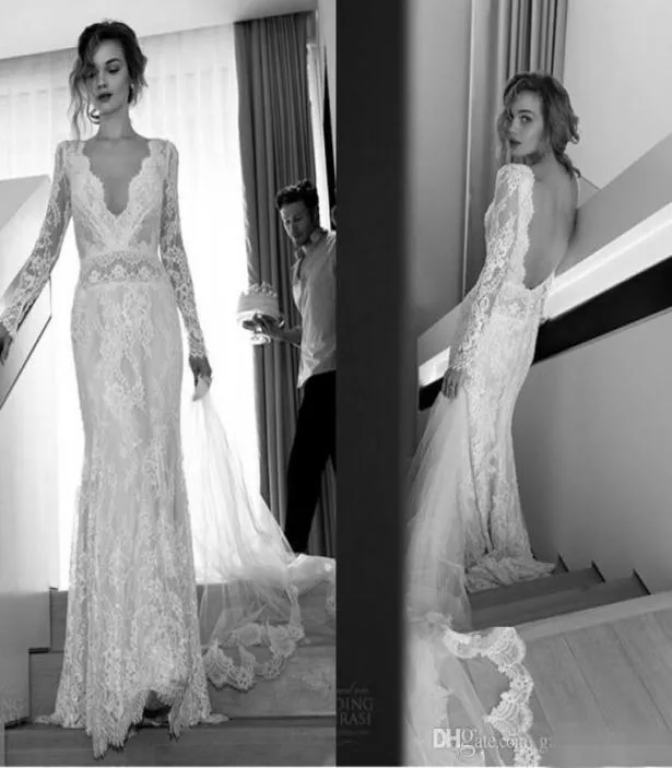 Lihi Hod 2019 Sexy Long Sleeves Lace Wedding Dresses Sheath Deep V Neck Backless Vintage Fitted Brides Dresses Custom Made4715404