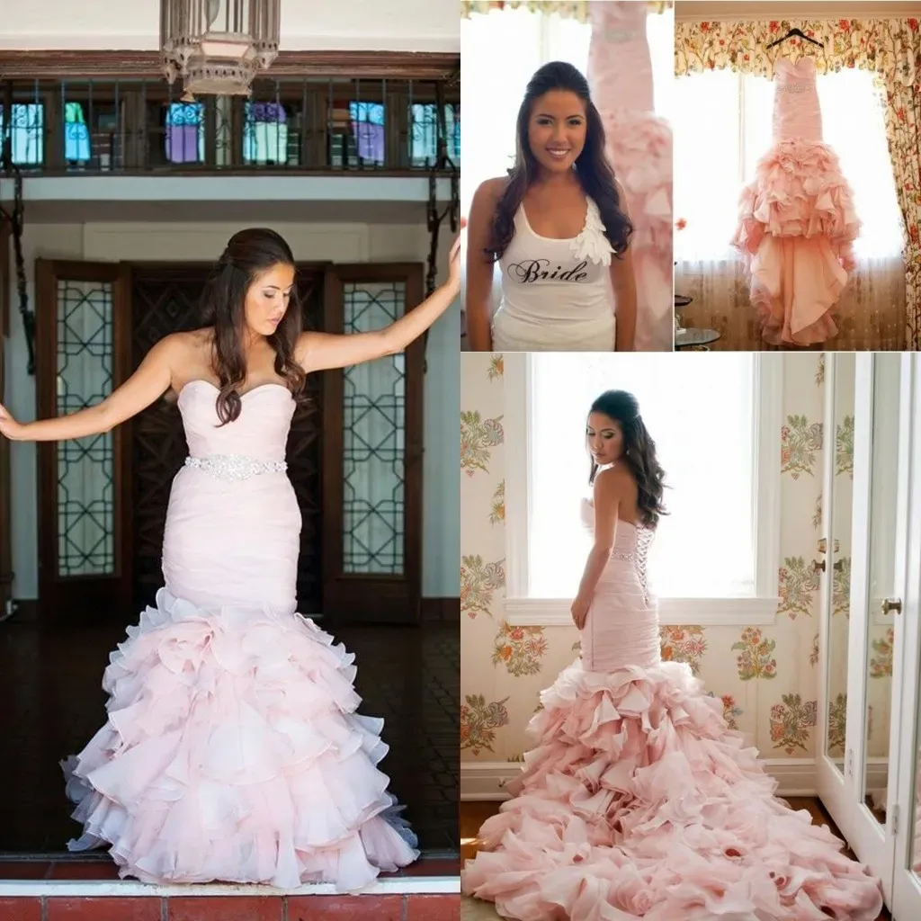 Kleider echtes Bild rosa Meerjungfrau Brautkleider Schatz Back Schnürung abgestufte Perlen Pick -ups Strand Hochzeitskleid Organza Schärpe billig Brida