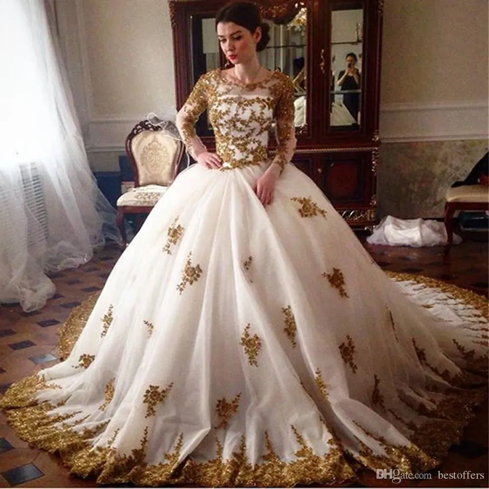 Dresses Luxury Lace Hemmed Puffy High Neckline Evening Dresses Illusion Beaded Appliqued Gold Ball Gown Long Sleeves 2023