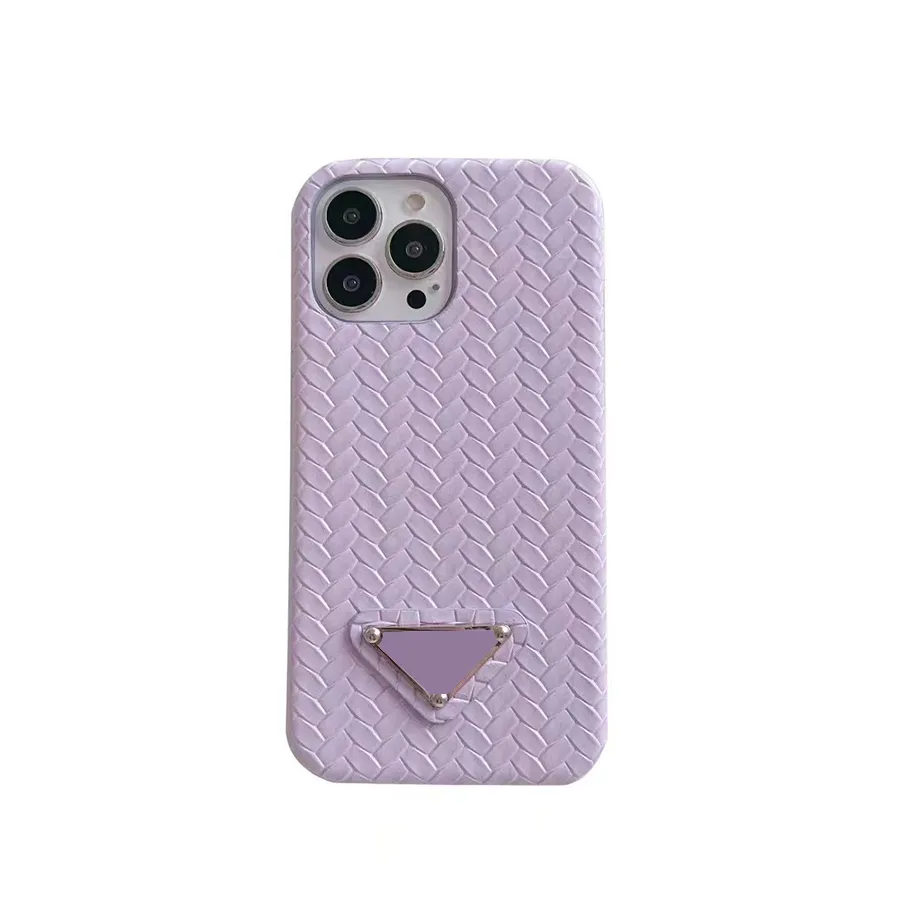 Tkane teksturowane skórzane luksusowe obudowę telefoniczne na iPhone 12 13 Mini 14 11 Pro XR XS Max Metal Triangle Logo dla Apple 7 8 Plus Cover