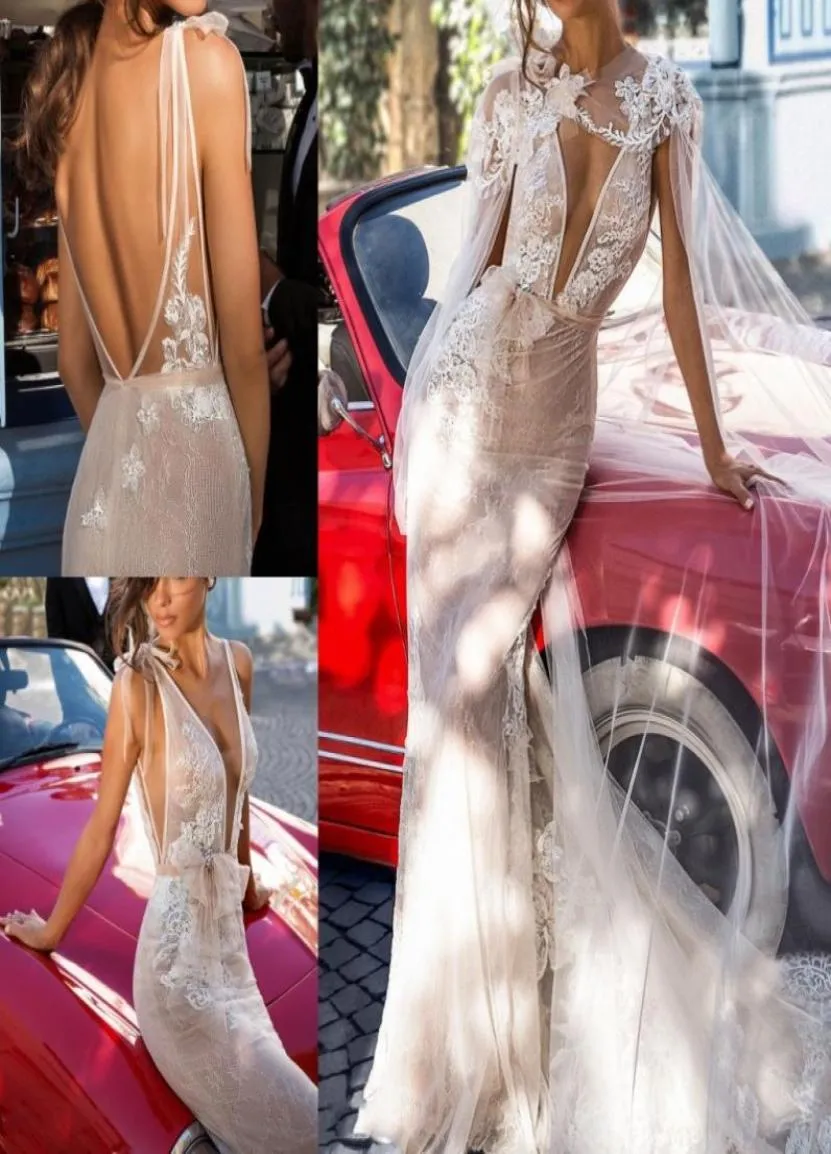 Elihav Sasson Mermaid Wedding Dresses vネックバックレスレースウェディングドレスとケープアビティダスポサウェディングドレス9551187