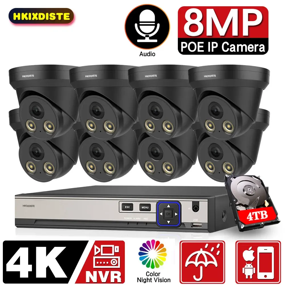 Sistema 8CH 8MP Ultra HD POE NVR Sistema de segurança de vídeo 4K H.265+ Vigilância NVR 4K HD IP66 IPC CCTV Color Night Vision câmeras