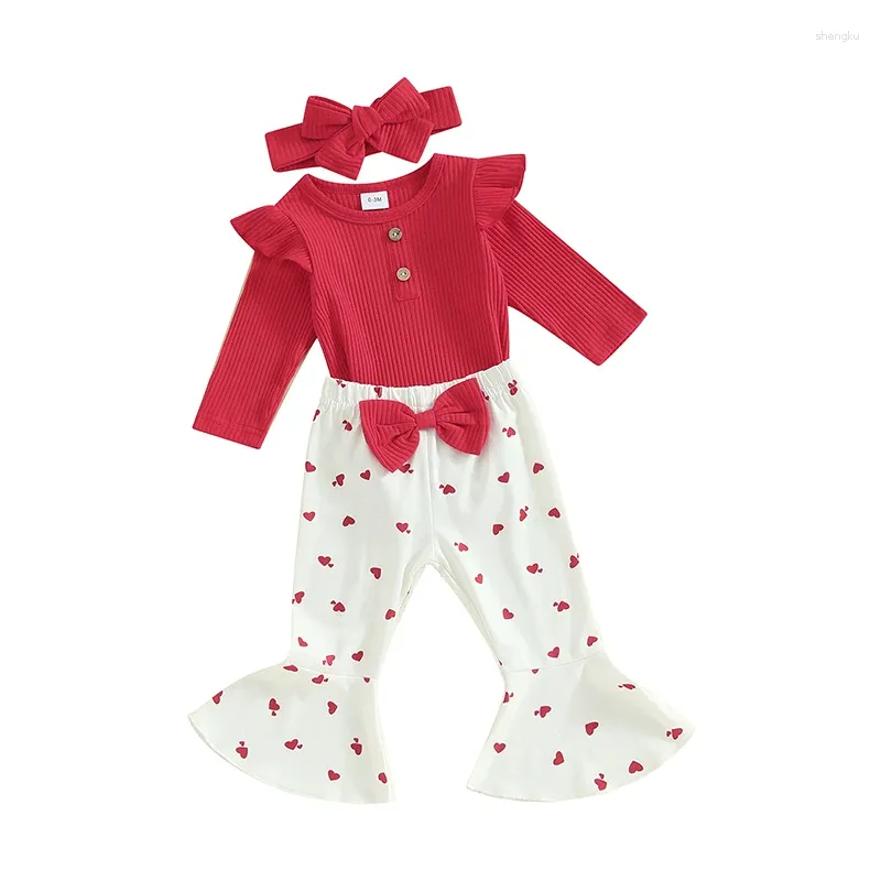 Kledingsets geboren baby meisje herfst winterkleding ruches ruches lange mouw romper hart flare broek hoofdband set mijn 1e valentijn