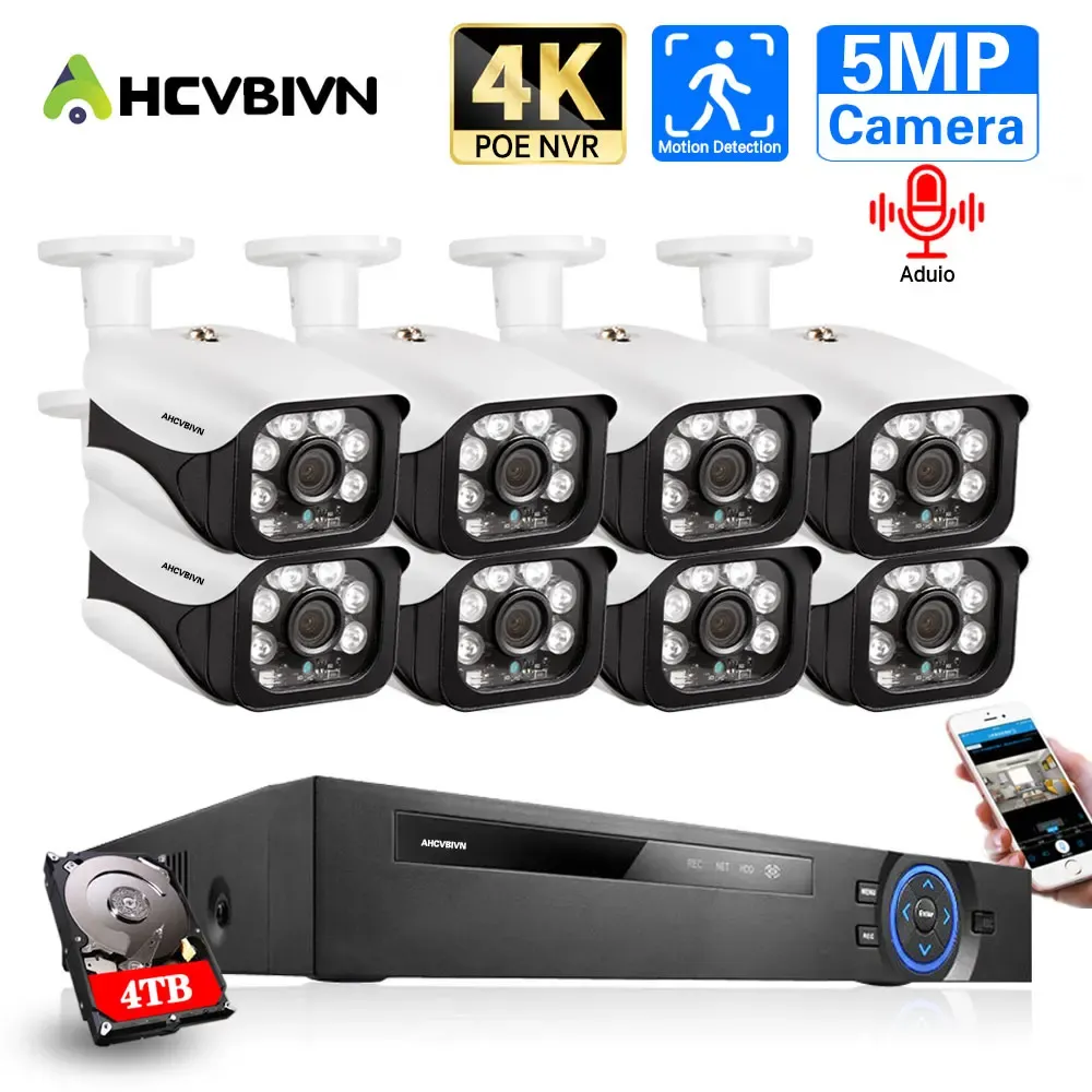 System 8Ch NVR CCTV -Kamera -Sicherheitssystem Kit Poe 4K Outdoor wasserdichte HD 5MP IP -Kugelkamera Videoüberwachung CCTV -System Set