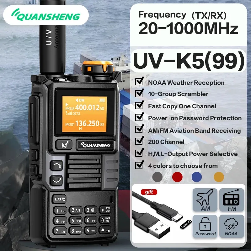 Quansheng UVK6 Walkie Talkie 5W Air Band Radio Tyep C Charge UHF VHF DTMF FM Scrambler NOAA Wireless Frequency Two Way CB 240326
