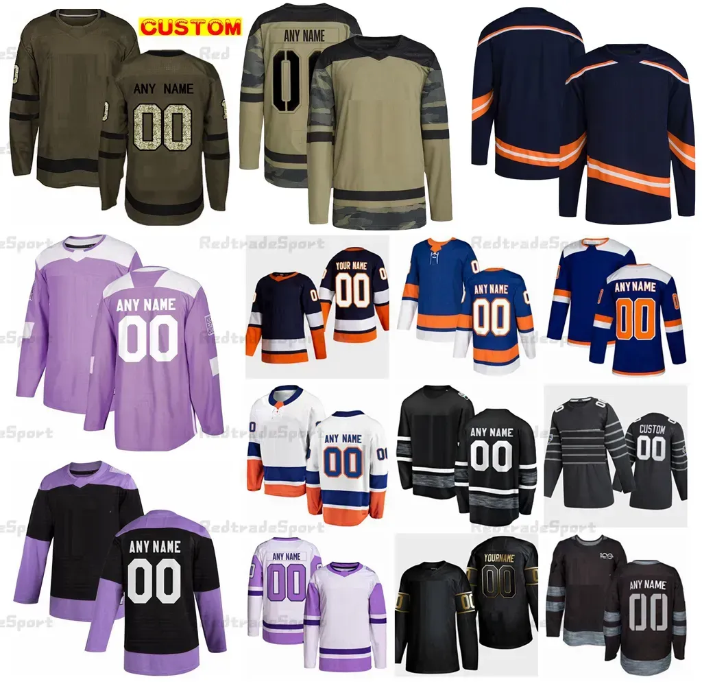 Custom 2022 Lee Reverse Retro Hockey Jerseys Barzal Lee Nelson Sorokin Camo Fights Cáncer Horvat Dobson Pageau Romanov Pulock Palmieri Parise Mayfield Bailey