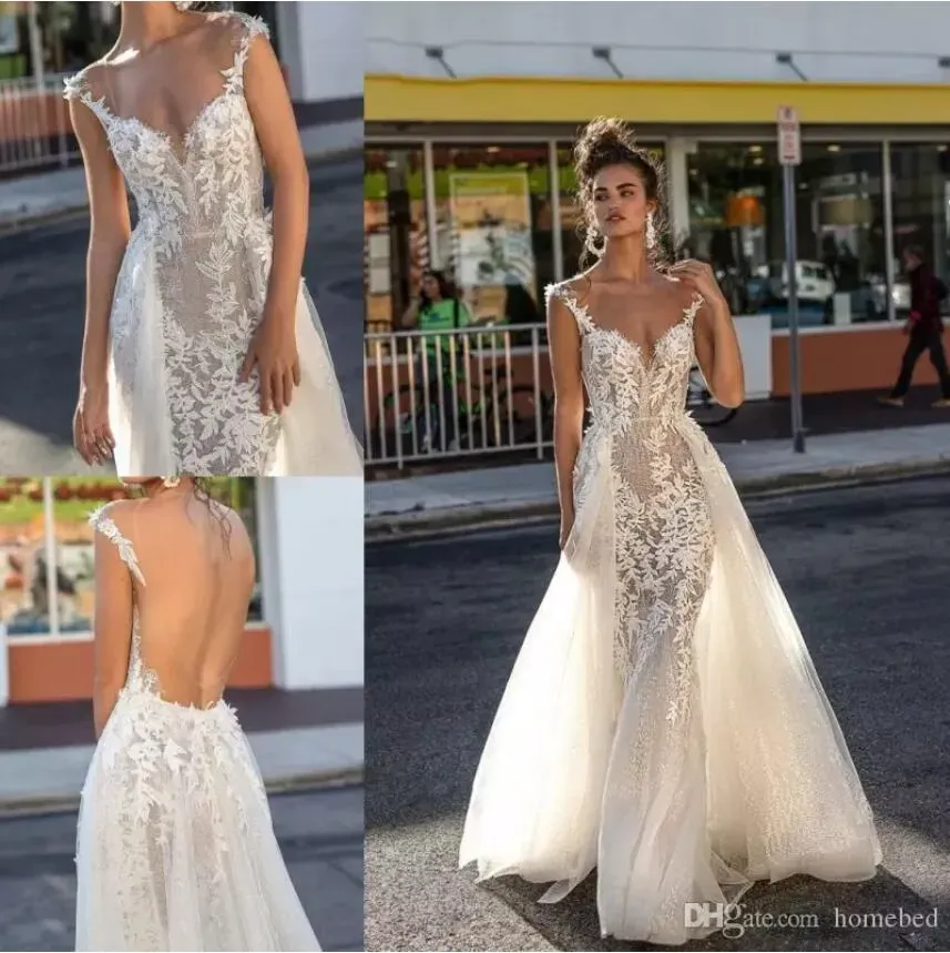 Berta Beach Wedding Dresses V Neck Lace Appliqued Backless Sexy Bridal Gowns with Detachable Skirt Sweep Train Plus Size Wedding Dress