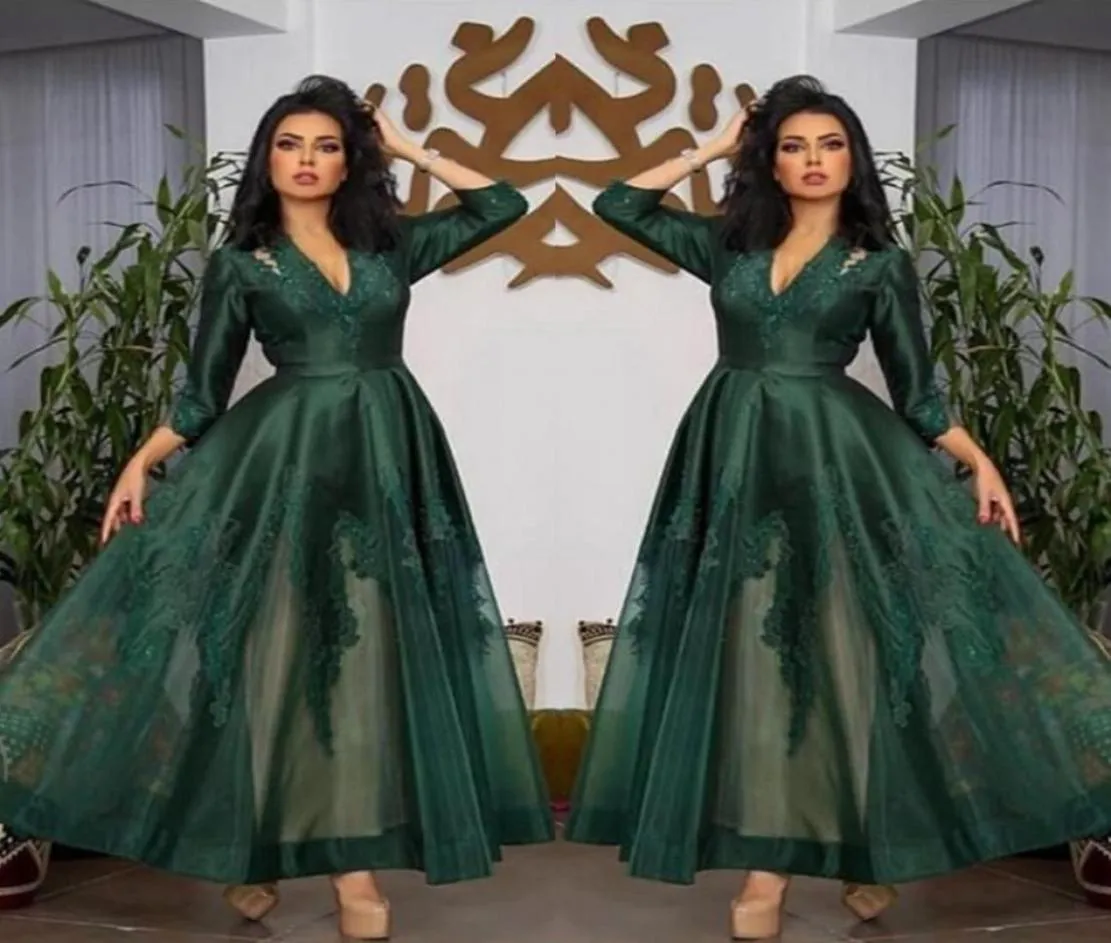 Dark Green V Neck Satin Evening Dresses Long Sleeves Tulle Lace Applique Ruched Ankle Length Prom Formal Wear Party Gowns2983055