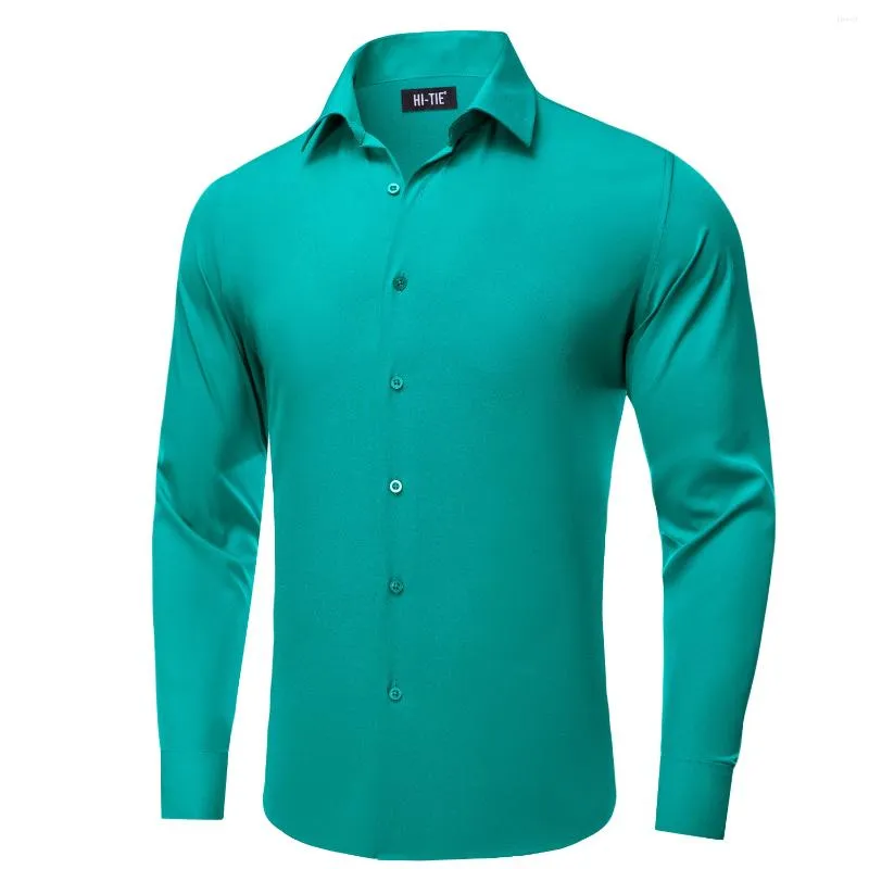 Men's Silk Dress Shirt Teal Green Long Sleeve, Designer Turndown Collar,  Wedding Business Party Gift, Spring Autumn Fashion