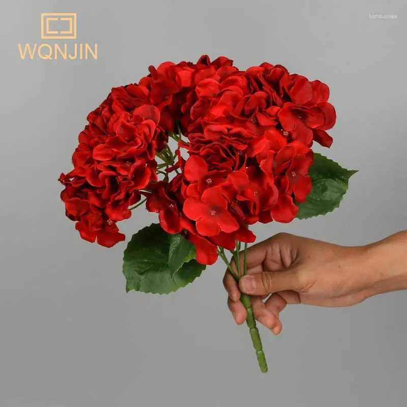 Decorative Flowers 5 Heads Hydrangea Silk Red Pink Artificial Fake Bouquet Flower Arrangements For Home Wedding Decor