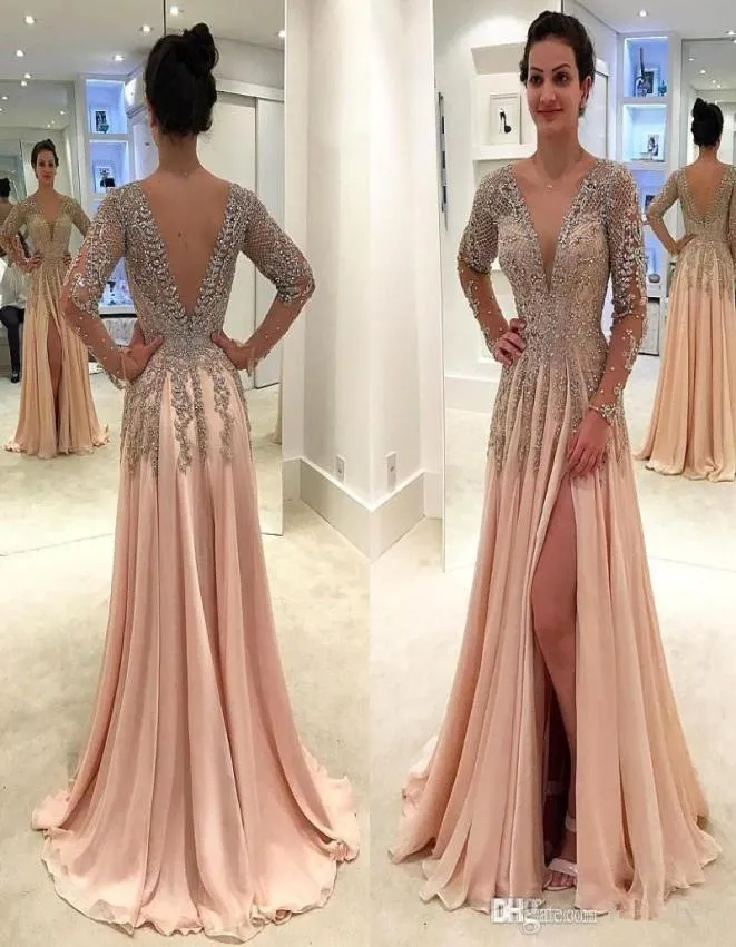 Luxury Sexy Long Split Prom Dresses Deep V Neck Beaded Stones Long Sleeves Dress Chiffon Backless Sweep Train Evening Party Gowns 8247922