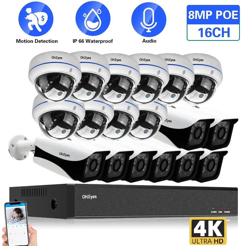 Système POE CCTV Camera Security System Kit 4k 16ch NVR Set 8MP OUTDOOR IMPHERPOPHER HOME POE IP CAME CAMER