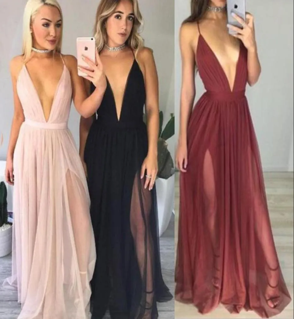 Stunning Plunge Vneck Prom Dresses Attractive Backless Criss CrossStraps Cheap Sexy Tulle Long Club Party Dresses 2017 Latest Ev6840106