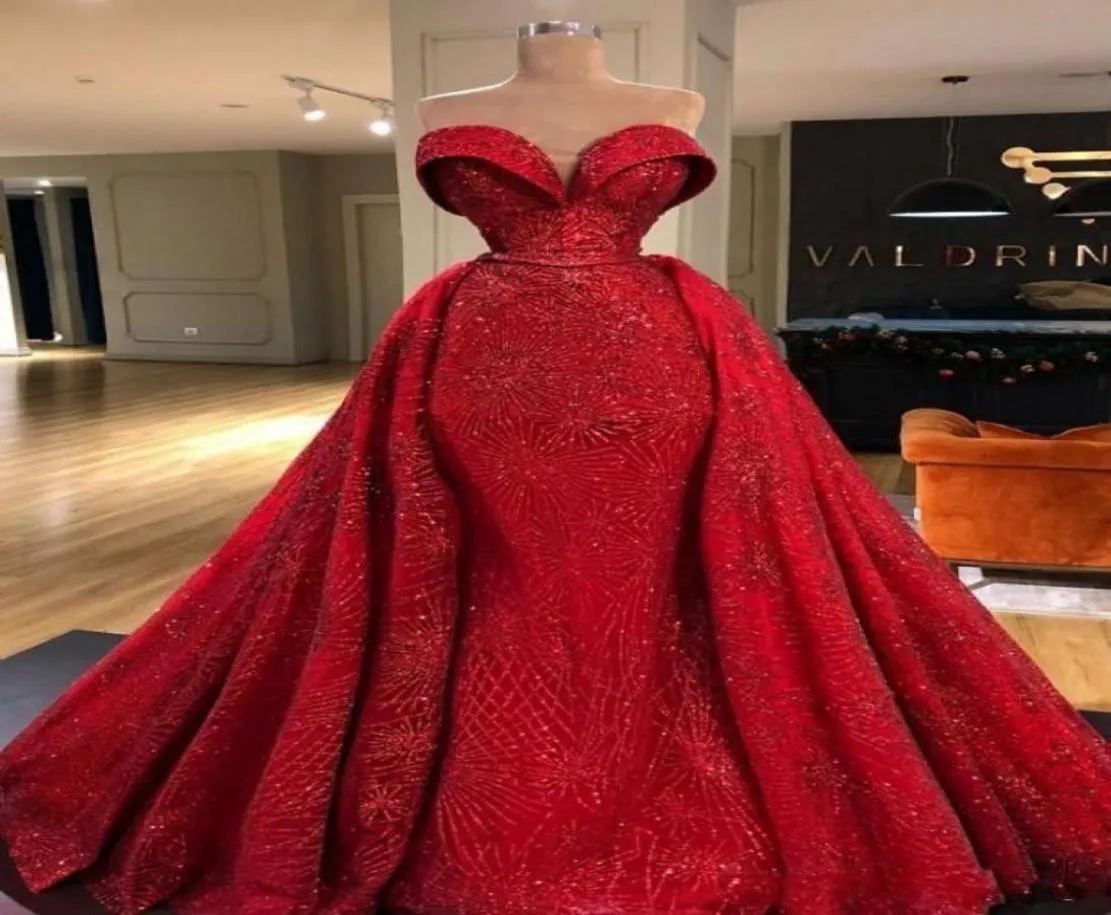 Glänzende rote Prom -Kleider Überträge Applikationen Schatz Meerjungfrau Abendkleid Rücken Reißverschluss Vestidos de Novia Plus Größe Promi Par2297744