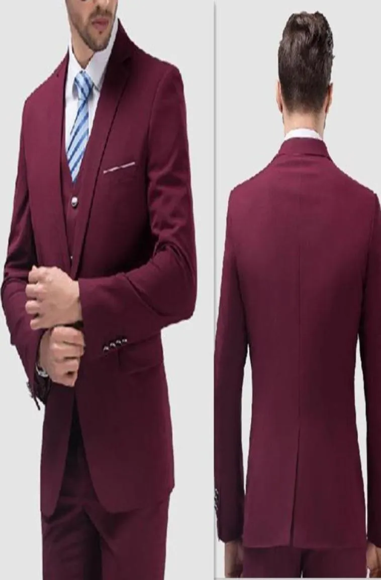 Wine OneButton Peaked Label Tuxedos for Men Chic Back Slit Three Pieces Mens Suits High Quality Cheap Custom Made Suits PantsJa6390203