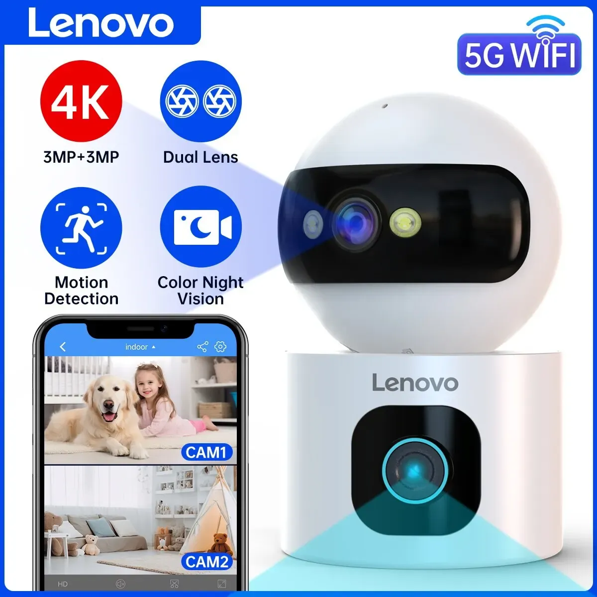 카메라 레노 보 2K PTZ IP 카메라 5G Wi -Fi 듀얼 렌즈 듀얼 스크린 컬러 나이트 CCTV 카메라 스마트 홈 자동 추적 비디오 감시 카메라