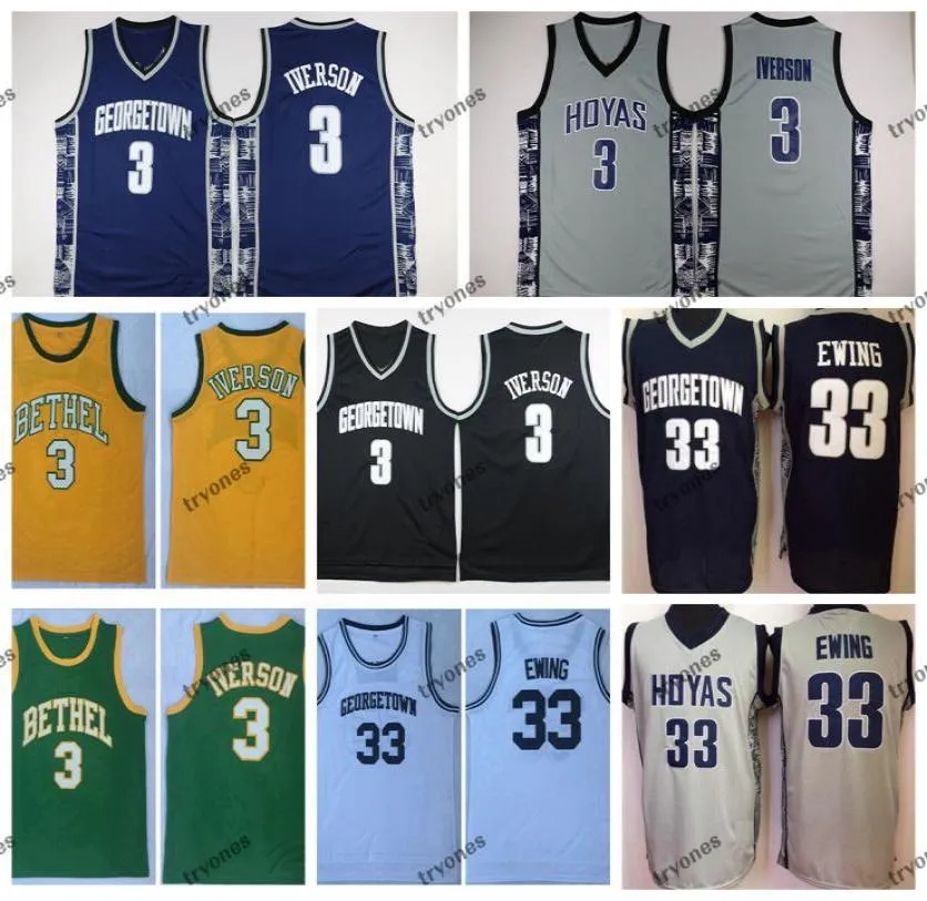 Vintage Georgetown Hoyas Allen Iverson 3 Patrick Ewing 33 college baskettröjor Bethel High School Green Stitched Shirts3293910