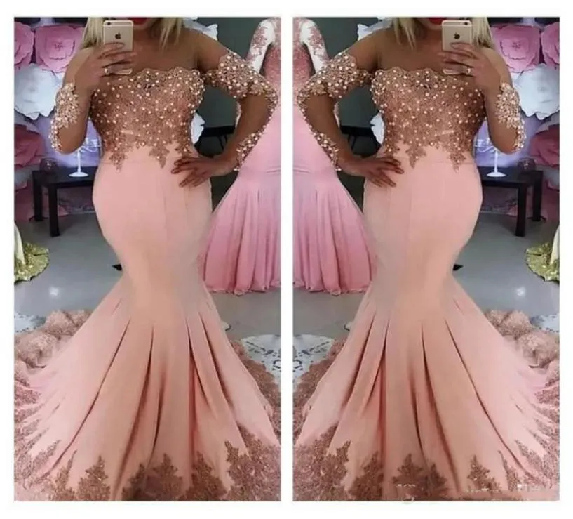 2018 Formele Midden -Oosten prom -jurken lange mouwen Lace Appliques Mermaid avondfeestjurken Parelsvestidos de fiesta3363891