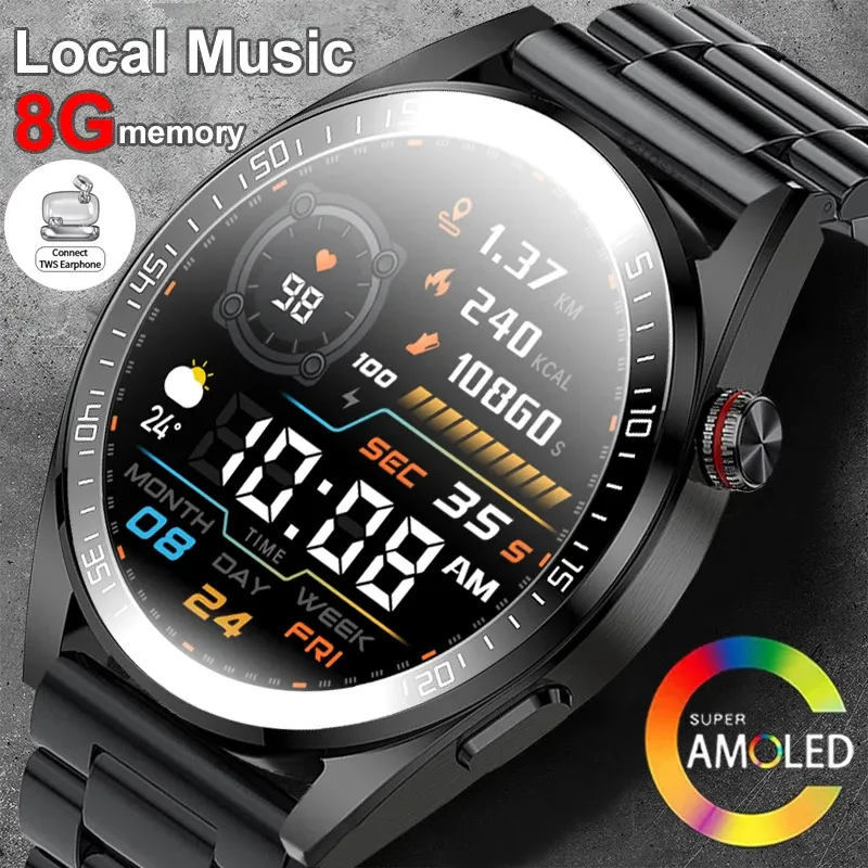 Zegarki 2022 Nowy Bluetooth Call Watch Men Amoled Screen Oryginalny inteligentny zegarek Wodoodporne sportowe sport 8 GB pamięć Smartwatch Mężczyźni Android