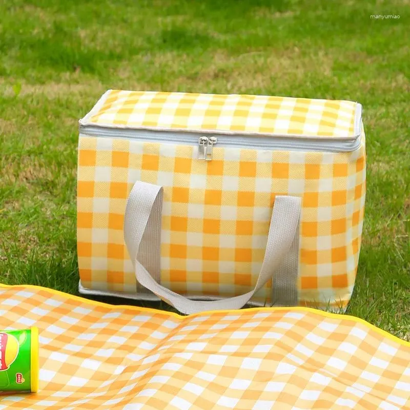 Förvaringspåsar stor rutnät isolerad väska för resor utomhus picknick förtjockad aluminium folie vikbar lunch fyrkantig bento lådisolering