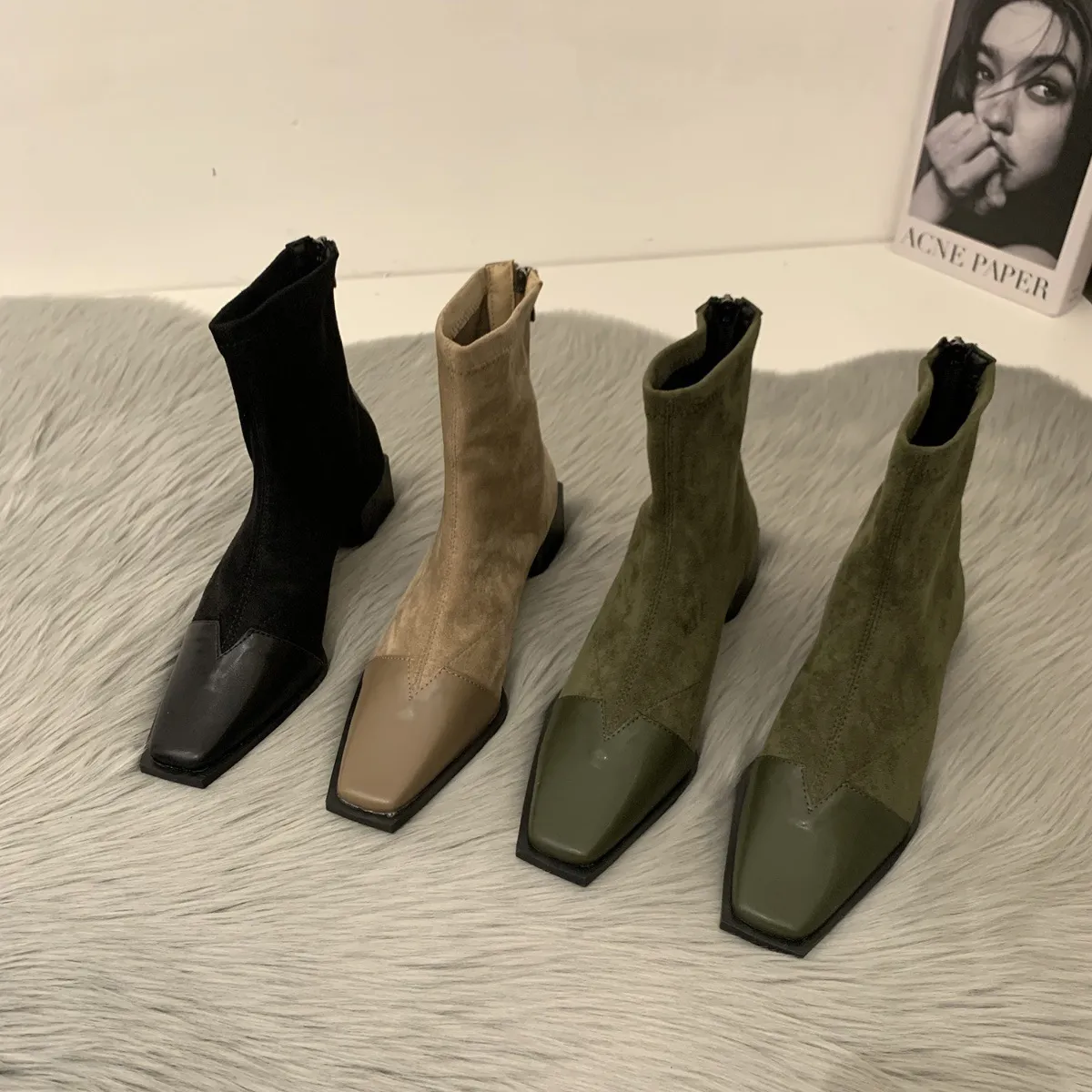 High Chunky Heel Short Boots For Women Square Toe... From Factory ...