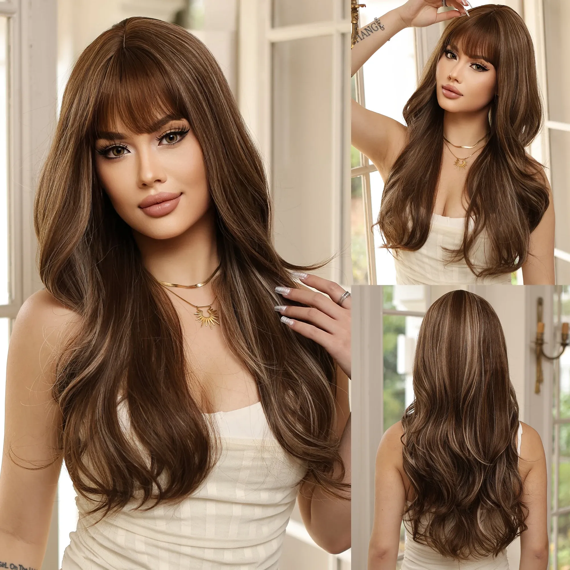 Peruker brun blond syntetiska peruker emmor naturlig lång vågig peruk med lugg daglig användning för svarta vita kvinnor cosplay värmebeständigt hår