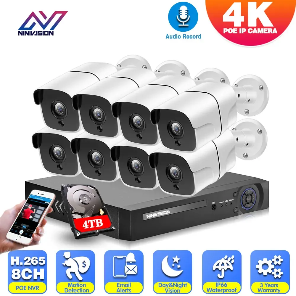 Sistem 4K Ultra HD 8MP POE NVR Street CCTV Kayıt Güvenlik Sistemi IP Kamera Açık Home Video Gözetleme Kamera Seti