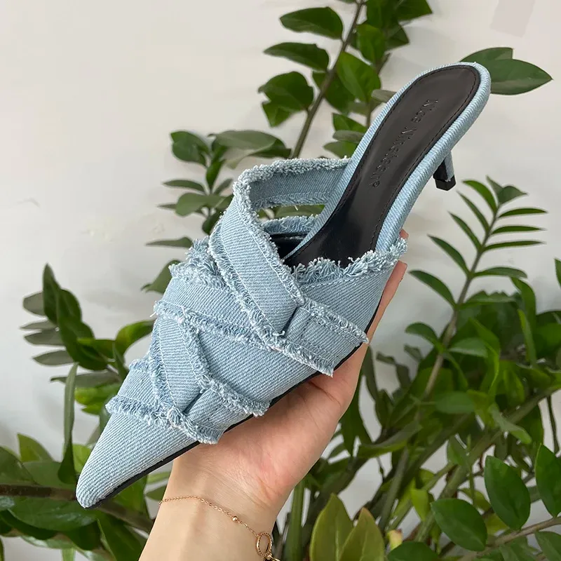 Pumps Denim Fashion Metal Ladies High Heels Shoes Pointed Toe Slingbacks Female Sandals Slides Pumps Heels Shoes For Women 2023 Luxury