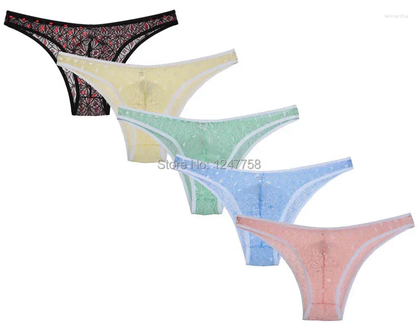 Underpants 5Pcs/Lot Men's Bikini Briefs Sheer Candy Colored Lace Underwear Male Rhombic Pattern Pouch Short Pants