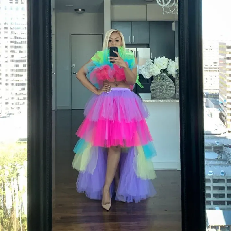 Dresses Multi color High Low Two Pieces Party Dresses Tiered Female Tutu Skirt And Top Causal High Street Ruffle Prom Dress Rainbow Vestid