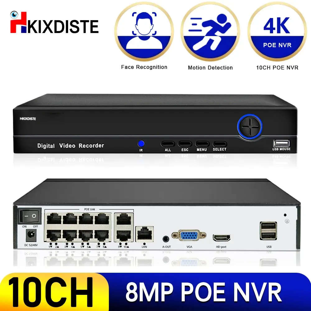 Recorder 10ch 8ch 4K CCTV POE NVR Video Recorder AI Human Face Motion Detection H.265 8MP 5MP IP CAMERA CCTV System P2P Network Xmeye