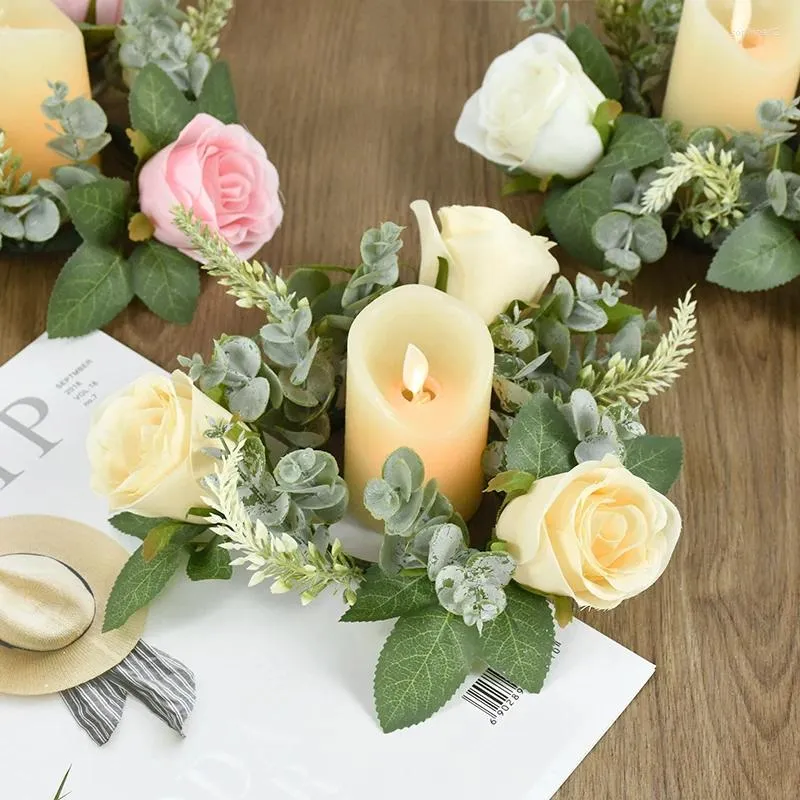 Decorative Flowers Candlestick Wreath Candle Ring Fake Rose Wedding Decoration Silk Artificial Garland For Home Party Decorations