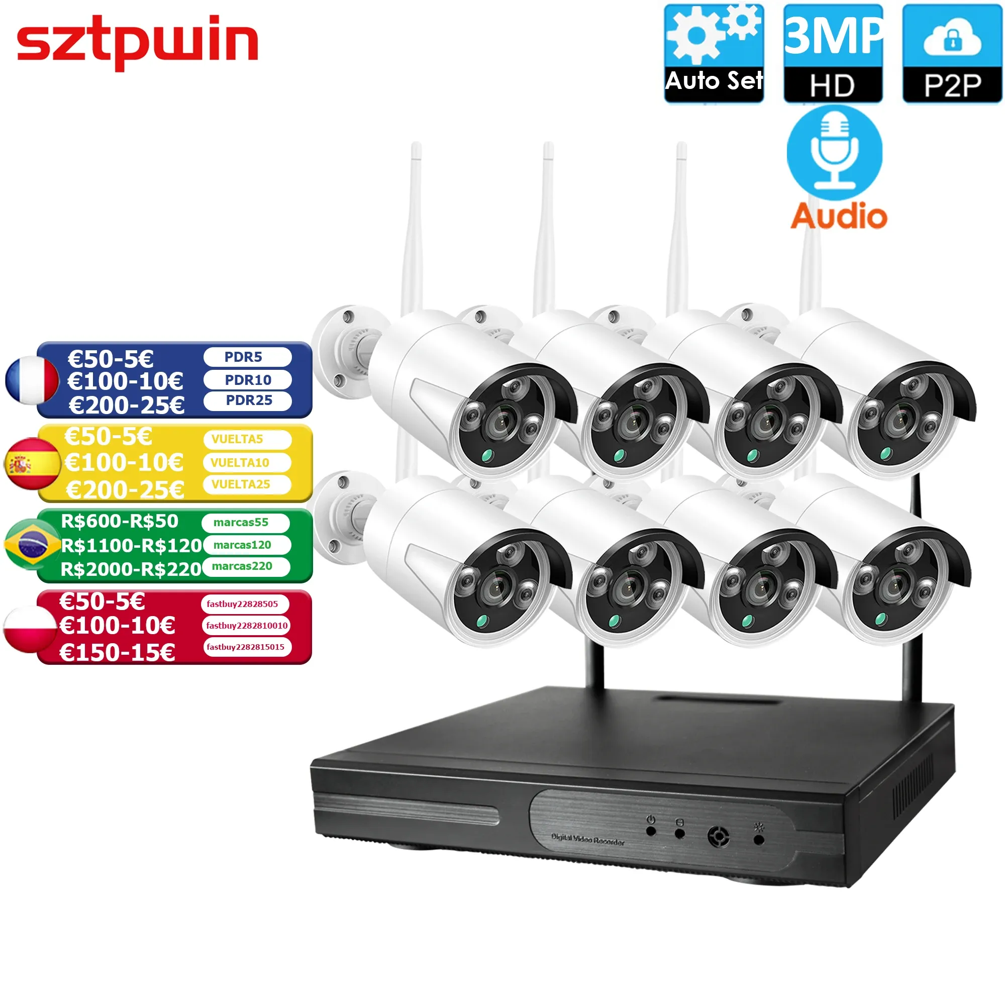 시스템 8CH 3.0MP HD 오디오 무선 NVR 키트 P2P 1080P 실내 실외 IR 야간 시력 보안 6CH 3C 3MP 네트워크 IP 카메라 WiFi CCTV 시스템