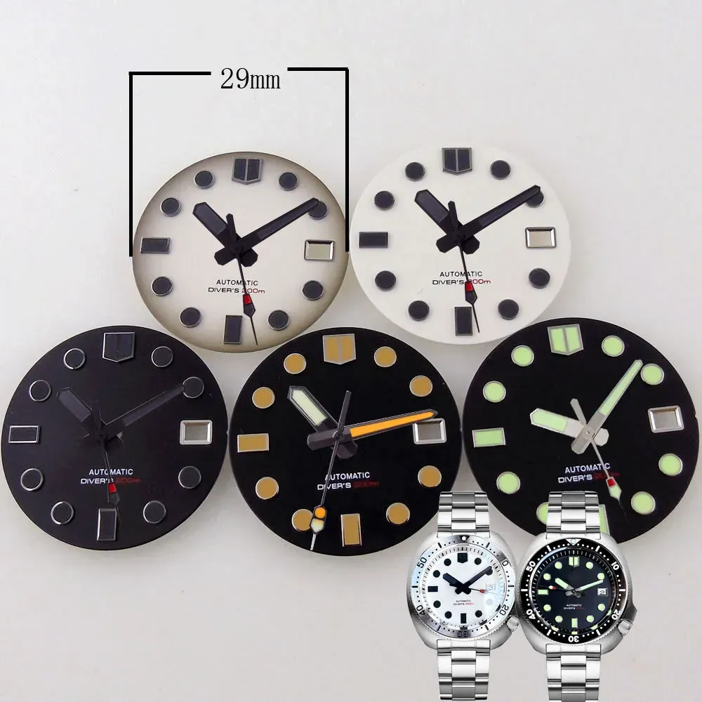 Kits White 29mm Watch Dial Face For NH34 NH35 NH36 Movement 300m Diver Watch Part Green Luminous For 3,8/4 Clock Crown