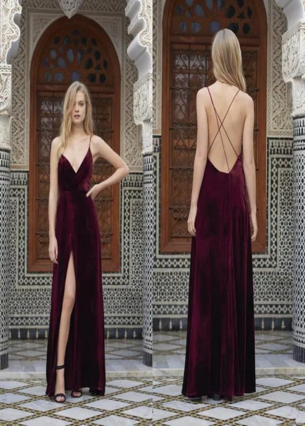 Billiga Bourgogne Velvet Spaghetti Dresses Evening Wear 2017 Sexig backless Criss Cross High Split Floor Length Prom Party Gowns EN1103669554