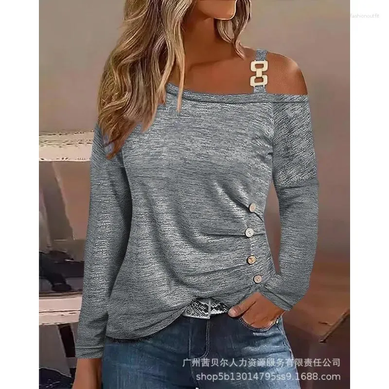 T-shirts pour femmes Bouton de chaîne d'épaule TOP 2024 Femmes Automne Vintage Fashion Longe Loose T-shirt Y2K INS Clothes Streetwear