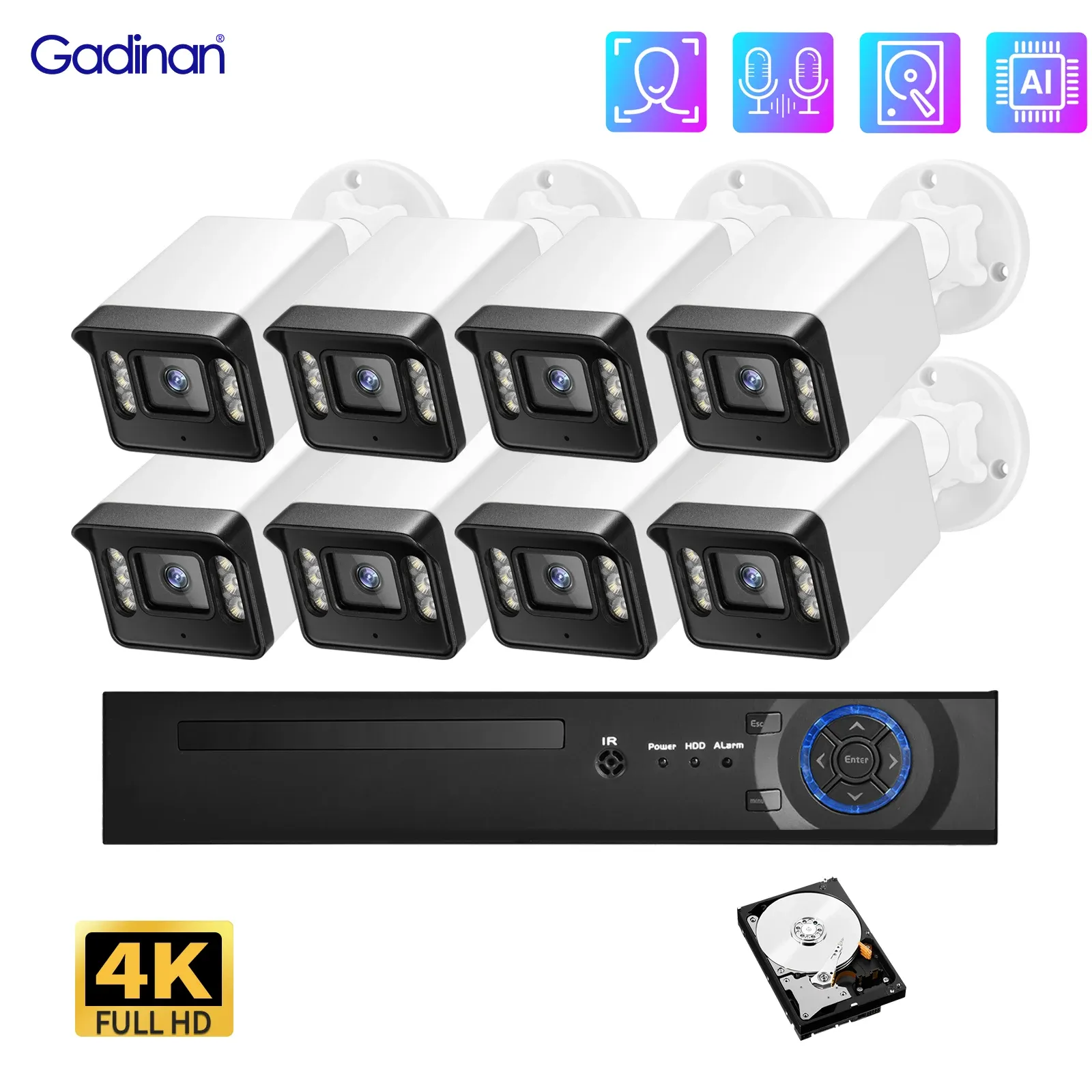 System Gadinan 8CH 4K POE Security Protection Face Detection 8MP NVR Bidirectional Audio CCTV Outdoor IP Camera H.265 Monitoring Kit