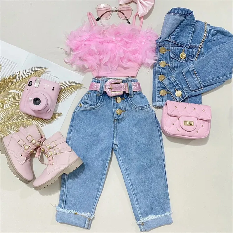 Girls Summer Clothing Outfit Sets Fashion Kid Children Pink Mouweless Feather Camisole denim broek met zakken 240326